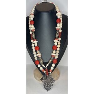 Vintage Cinnabar Stone Bead Filigree Cross Pendant Tribal Necklace 23" Statement